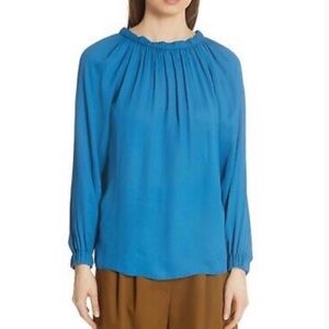 NWOT‎ FLATTERING TIBI GEORGETTE ROYAL BLUE BLOUSE ADJUSTABLE NECK W/ RUCHING